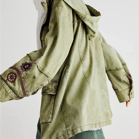 Free People “So Down” Military Olive Utility Jacket with Burgundy Details